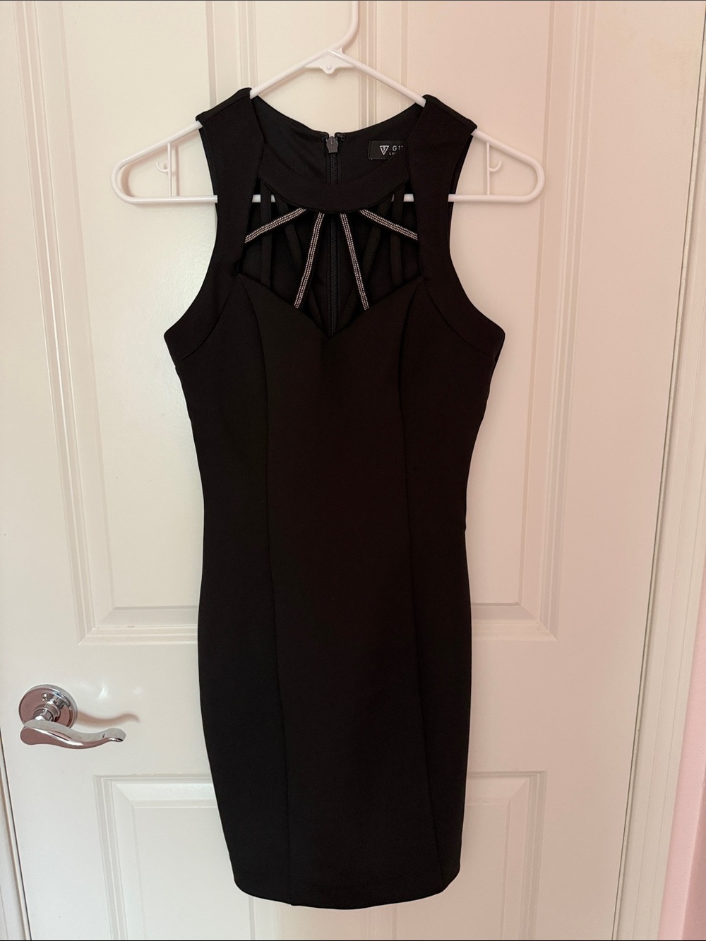 Guess Black Mini Dress with Strappy Mesh Yoke